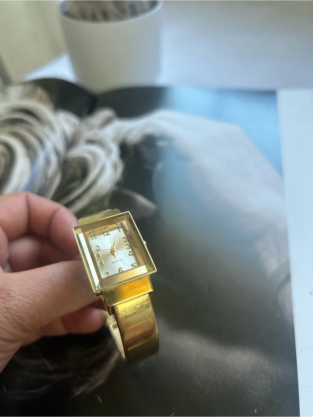 Gold Rectangular Face Quartz Bangle Watch